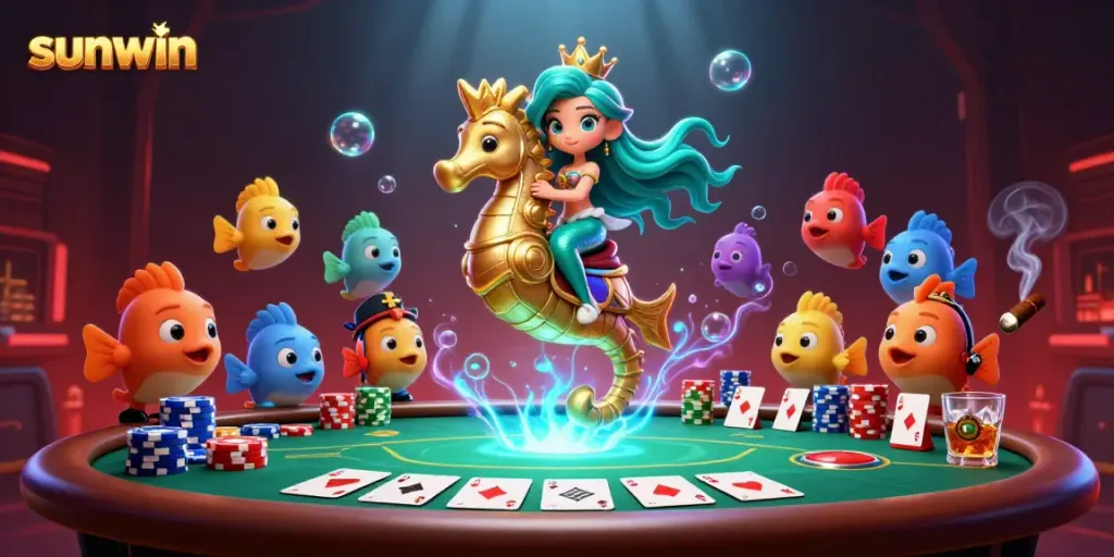 Strategically engaging with sunwin at an underwater casino adventure with vibrant characters.