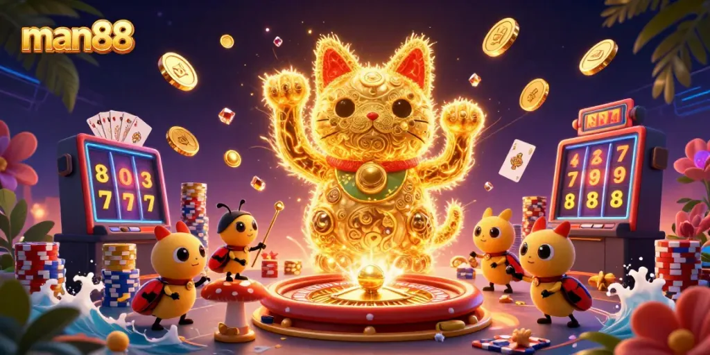 Engage in thrilling gameplay at man88 with a lucky cat surrounded by casino elements.