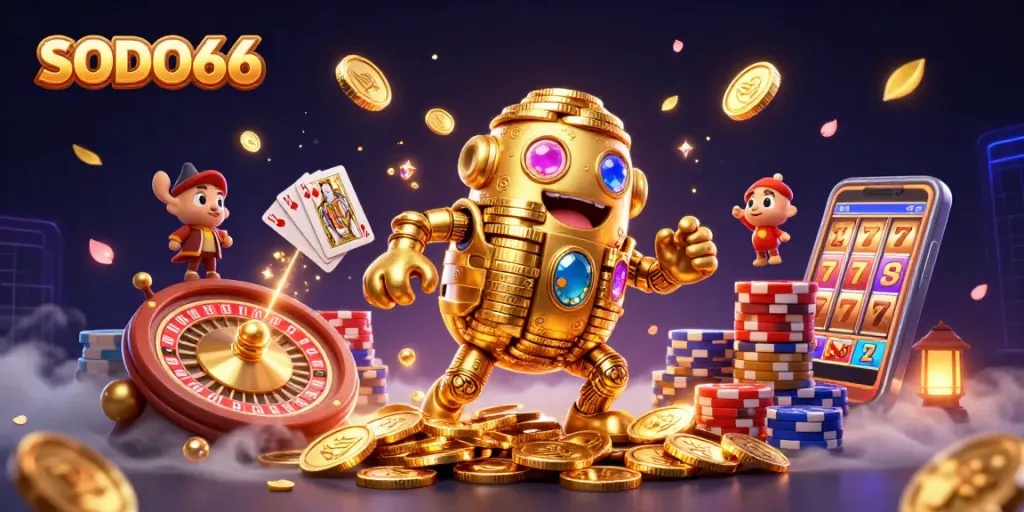 SODO66 casino gaming illustration with golden golem, monumental poker chips, and explosive slot symbols.