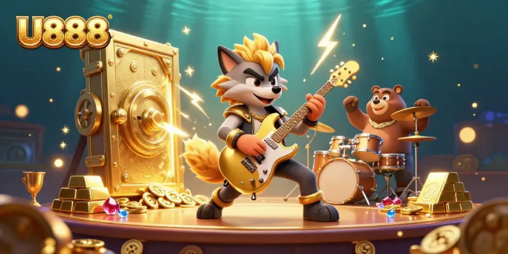 Experience the thrill of U888 with a vibrant 3D casino scene featuring a rock star wolf and drummer bear.