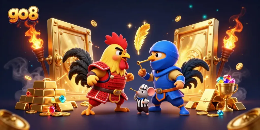 Engage with go8's thrilling fighting roosters in a vibrant casino setting with treasures and energy.