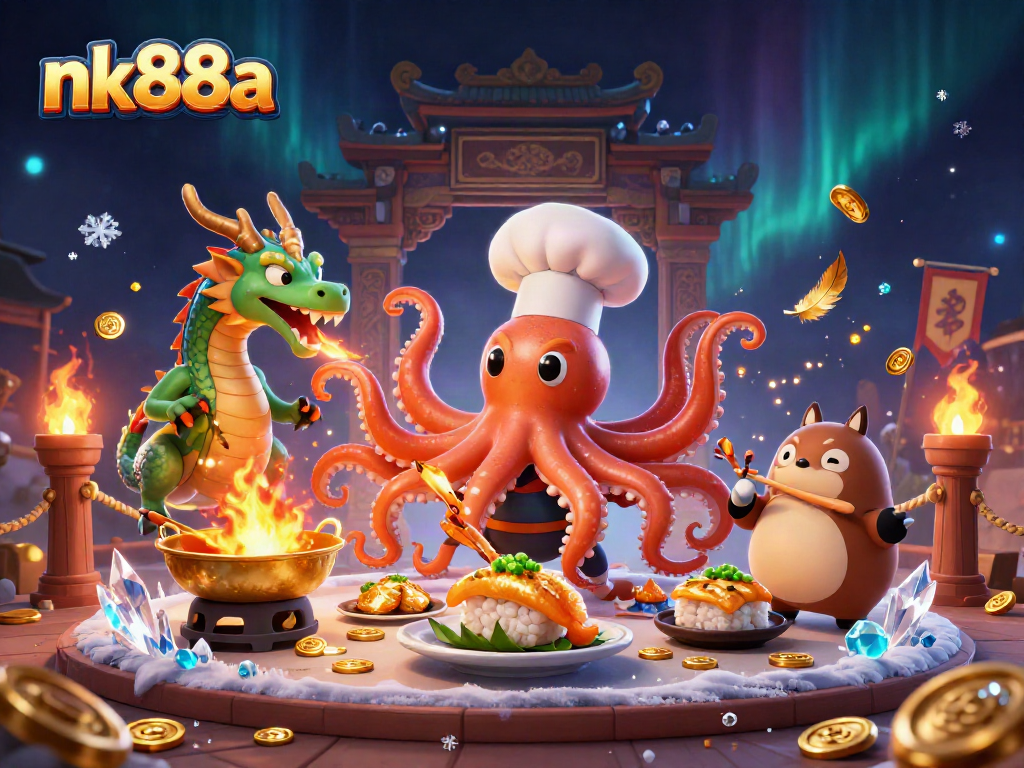 nk88a showcases a vibrant casino scene with dynamic 3D characters and golden gambling elements.