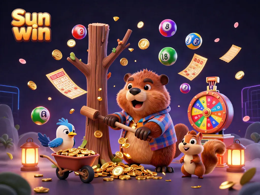 Experience the excitement of Sun win with cartoon characters in a lively casino scene filled with coins and lottery elements.