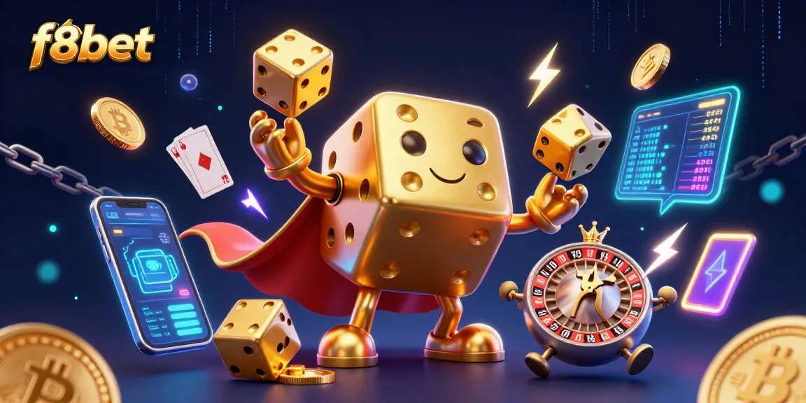 Join the fun at f8bet casino with dynamic games and gold dice in a vibrant 3D scene.