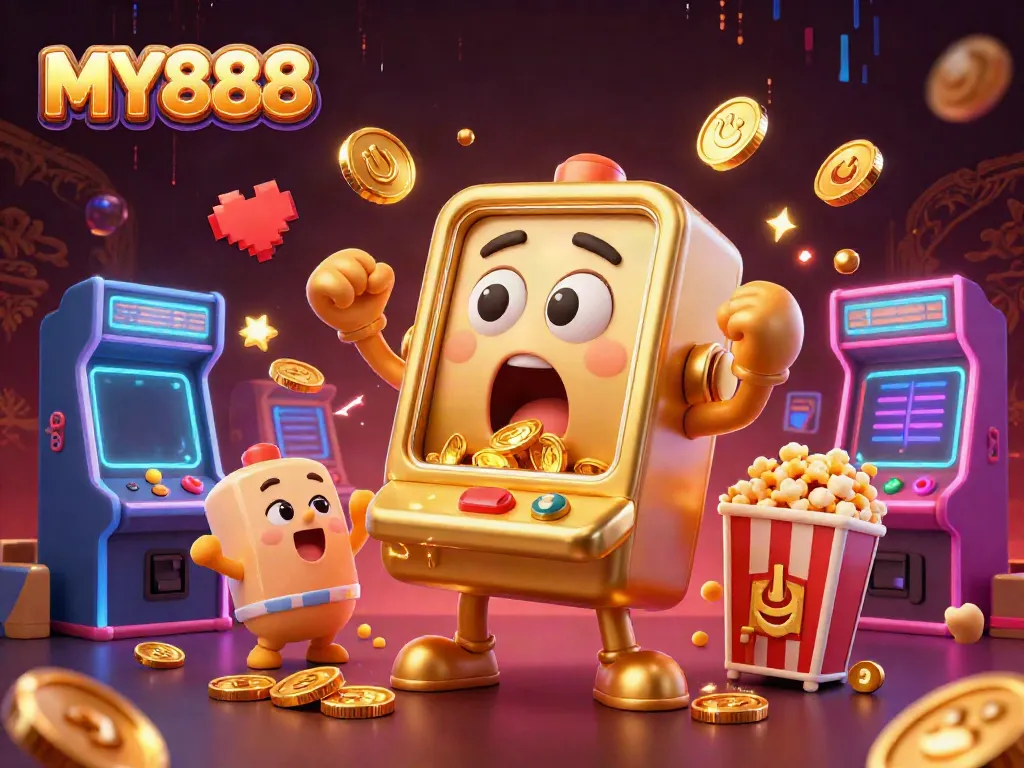 Experience the excitement of MY888 as a golden slot machine hits the jackpot, with coins pouring out.
