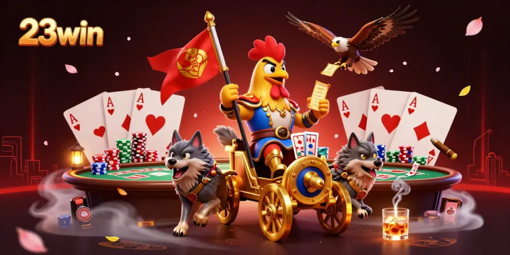 Experience the thrill of 23win gaming with a dynamic battle scene depicting a rooster warlord and his fierce companions.