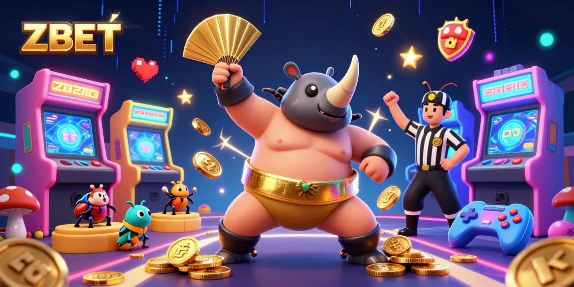 ZBET showcases thrilling gameplay with a rhinoceros beetle champion amid coins and arcade games.