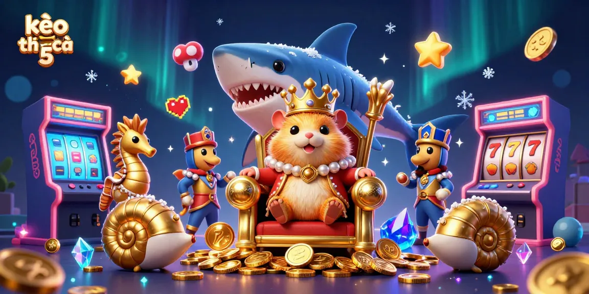 Engage with kèo nhà cái 5 through vibrant 3D illustration of a gambling-themed arcade with the golden hamster king.