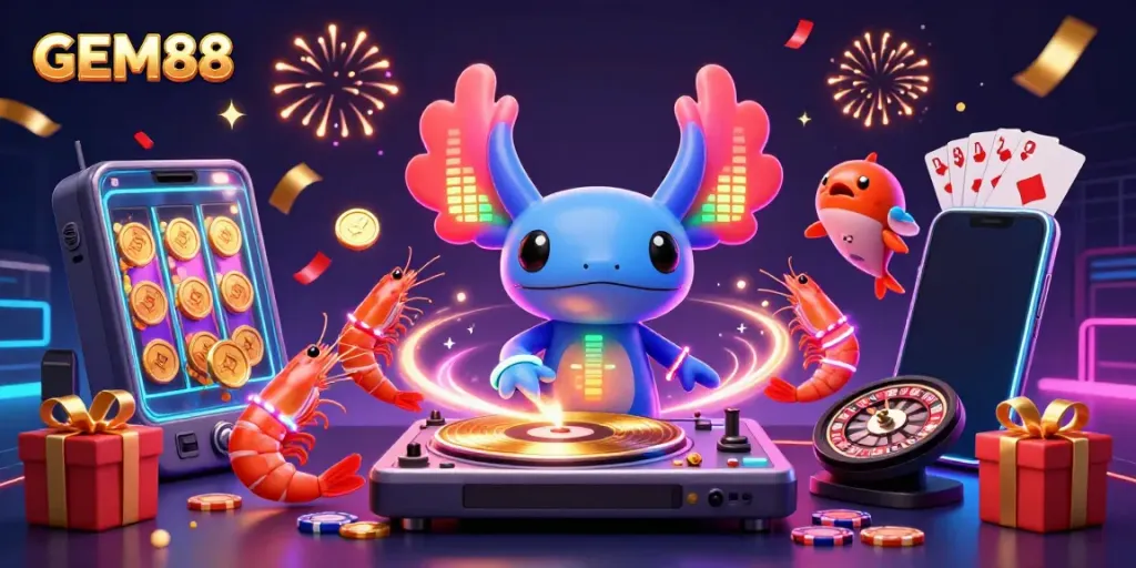 Experience the excitement of GEM88 with vibrant 3D characters celebrating casino games and jackpots.