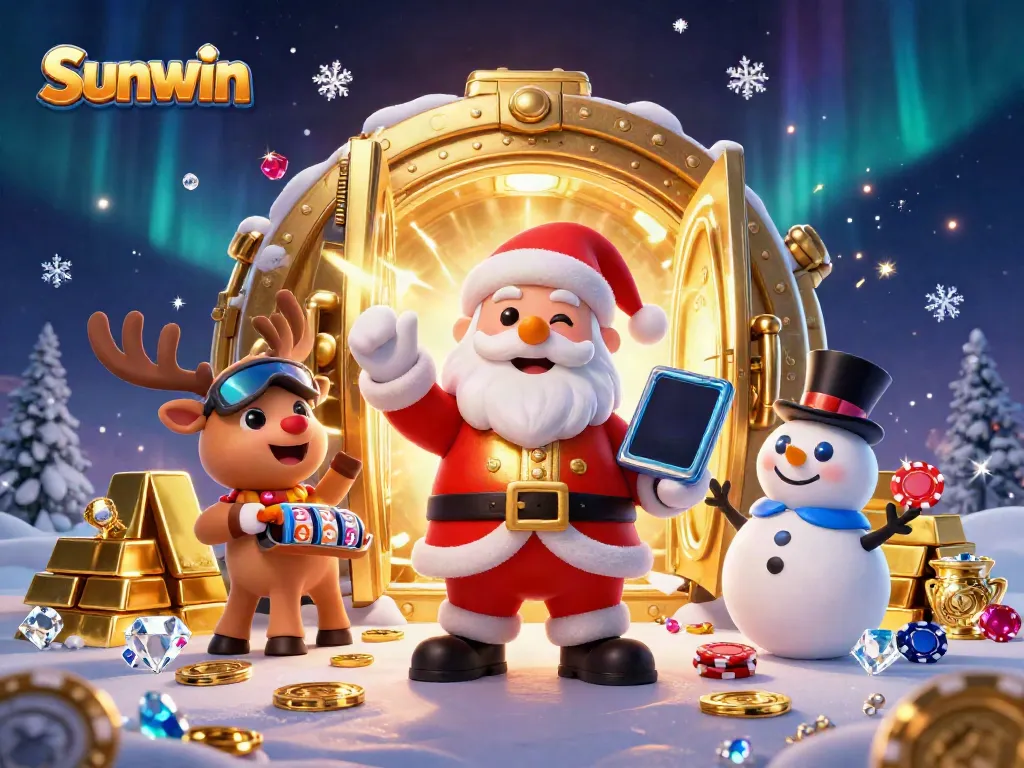 Sunwin showcases a festive 3D casino scene with a joyful Santa and his companions enjoying jackpot slots.