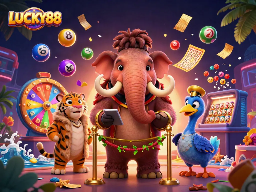 Experience LUCKY88's vibrant casino atmosphere with a dynamic scene featuring exciting gaming elements.