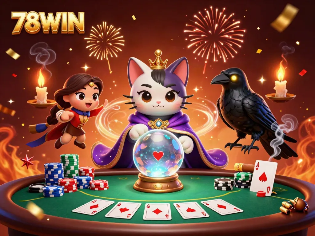 Engage with thrilling action at 78WIN as players enjoy poker amidst a magical scene.
