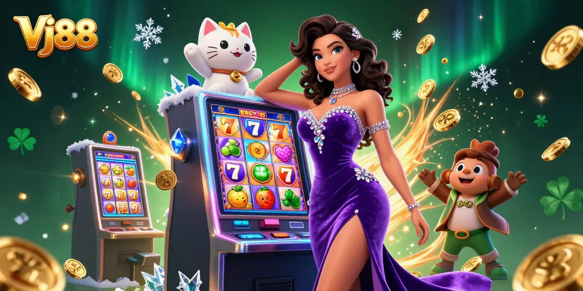 Experience thrilling jackpots at Vj88 with a stunning illustration depicting vibrant slot games.