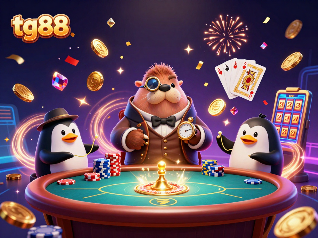 Win big at tg88 with an exciting 3D casino scene featuring playful characters and lavish casino elements.