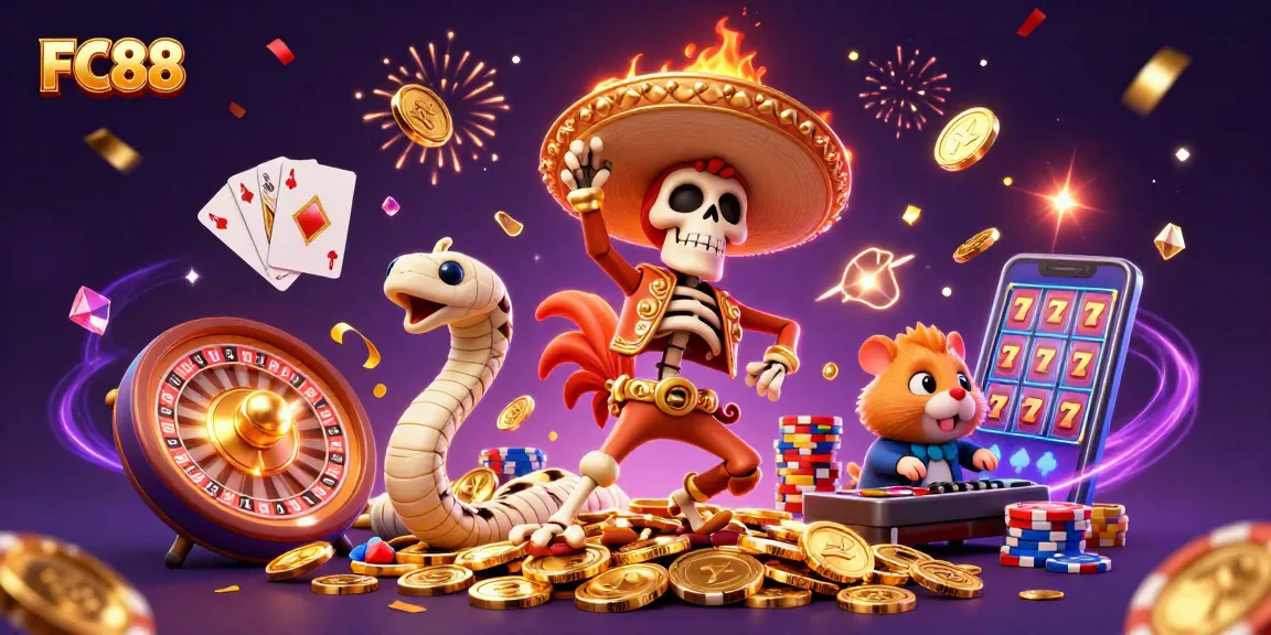 Engaging FC88 illustration of a festive mariachi rooster, mummy snake, and DJ hamster celebrating on coins, surrounded by vibrant casino elements.