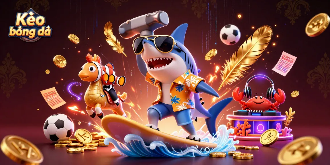 Kèo bóng đá scene featuring a shark surfing on gold coins among sports betting elements, vibrant and dynamic.