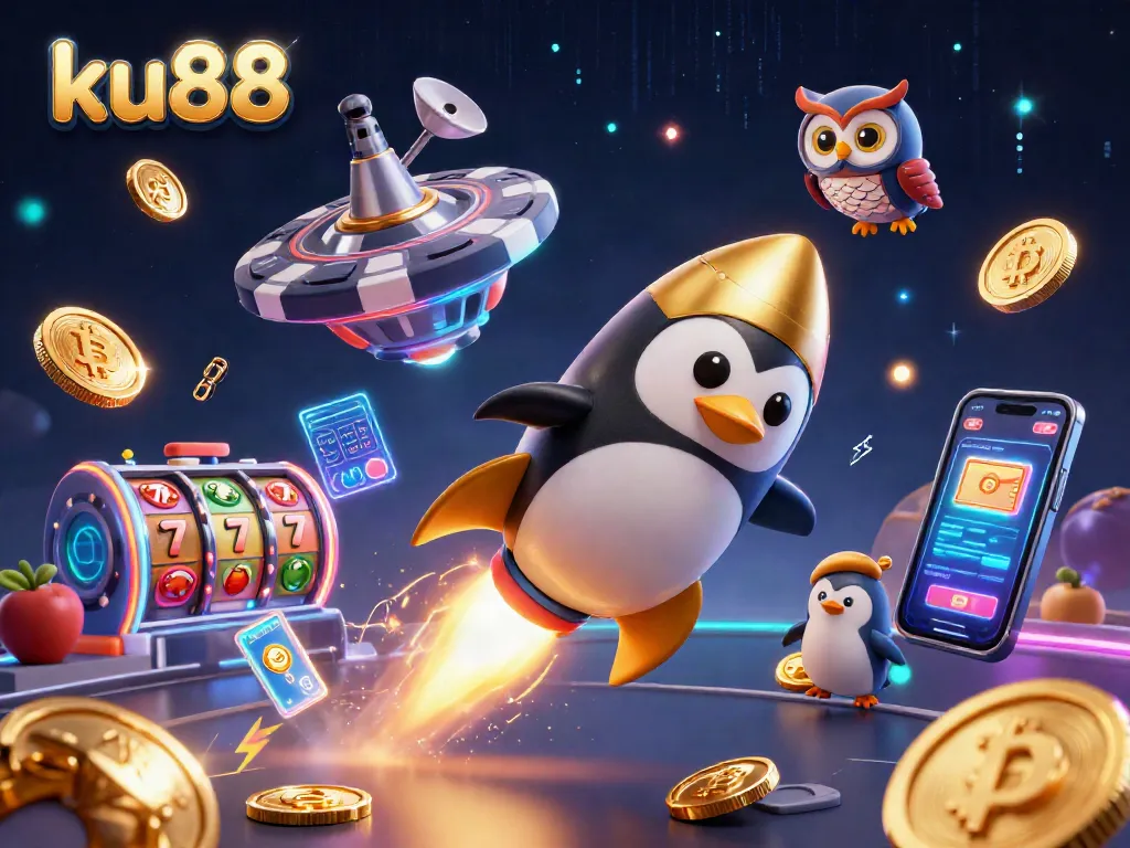 Win big with ku88 as a golden penguin rockets through a dynamic casino space filled with action.