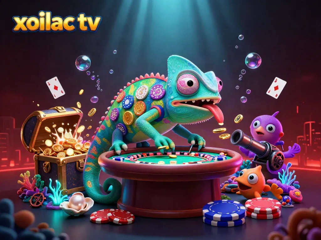 Experience exciting gameplay on Xoilac TV with our vibrant and dynamic casino-themed illustration.