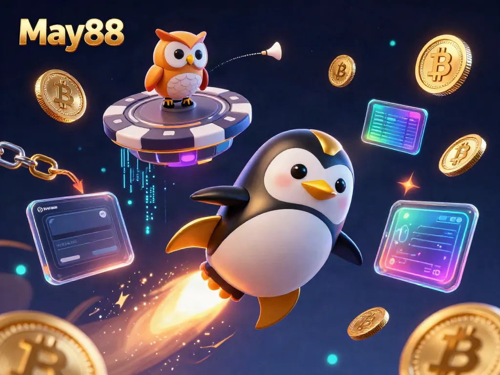 Experience an exciting May88 journey with a golden penguin soaring through a casino-themed space.