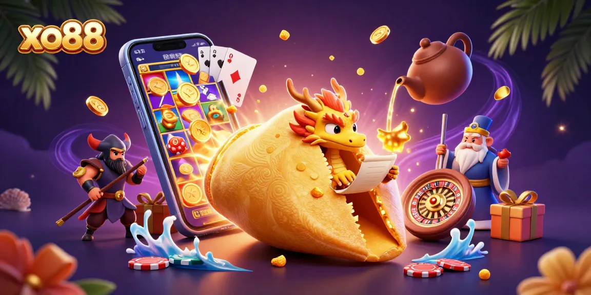 Experience thrilling wins at xo88 with a vibrant 3D illustration of lucky gaming elements.