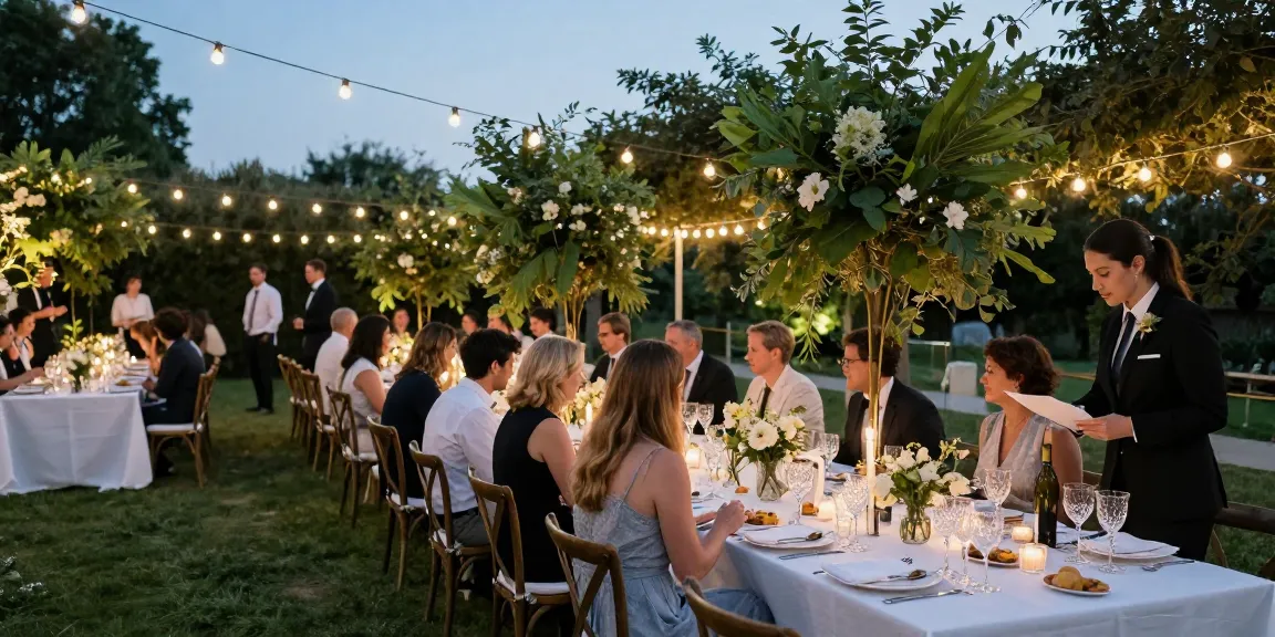 Outdoor wedding setup showcasing Casablanca Hire's elegant marquee, complete with decorated tables and joyful guests.