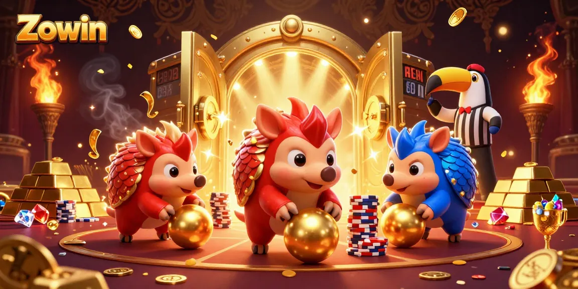 Zowin pangolins bowling through poker chips in a vibrant casino-themed illustration.