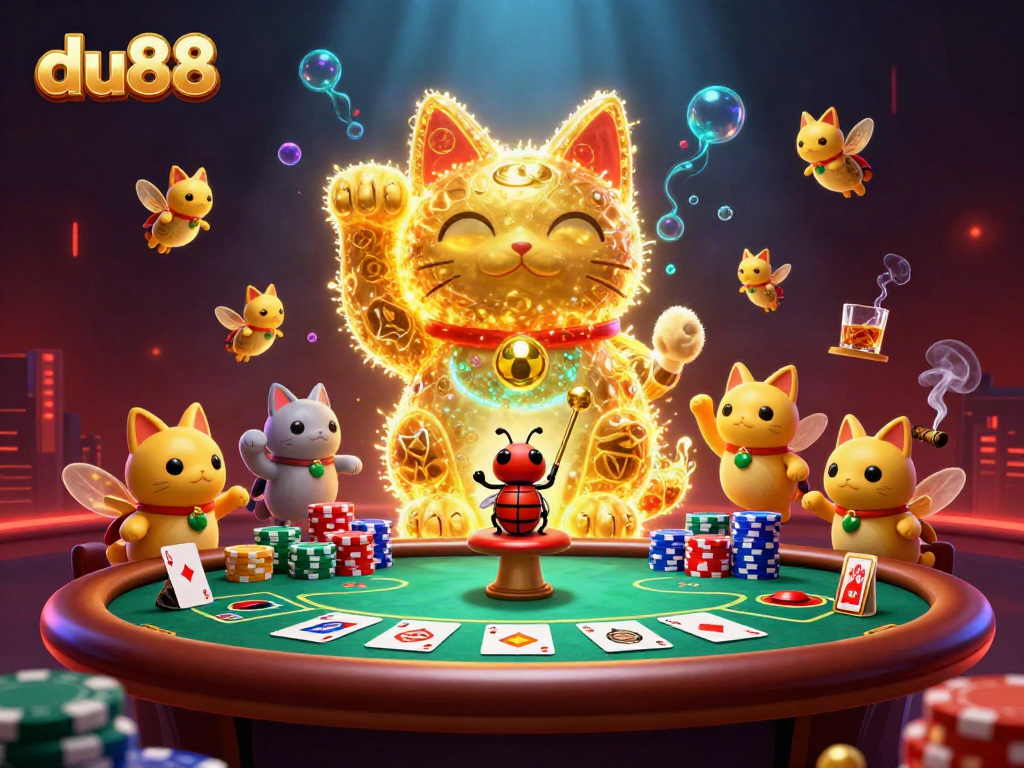 Experience du88's vibrant gaming world with a stunning 3D illustration of a lucky cat made of fireflies.