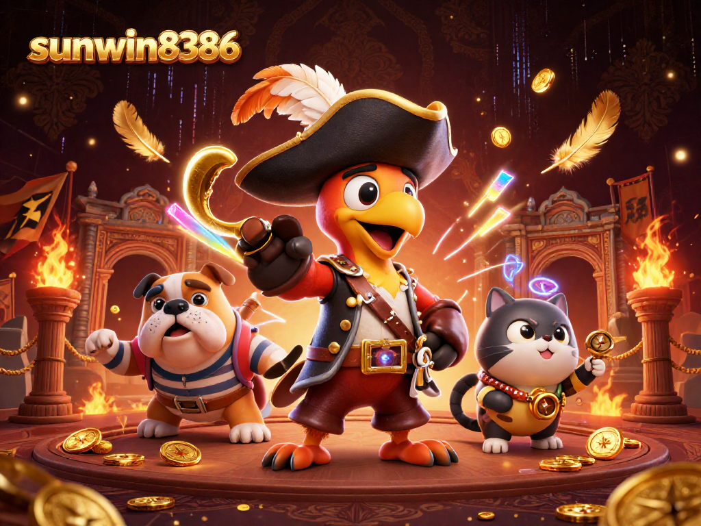 Experience thrilling wins at sunwin8386 in a vibrant casino scene with pirate-themed characters.