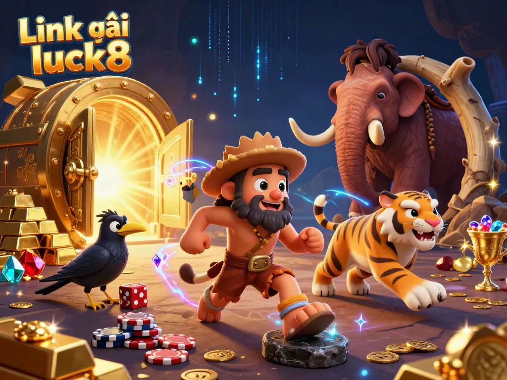 Play and win at Link vào luck8 with 3D caveman, sabertooth tiger, and crow in a prehistoric casino scene.