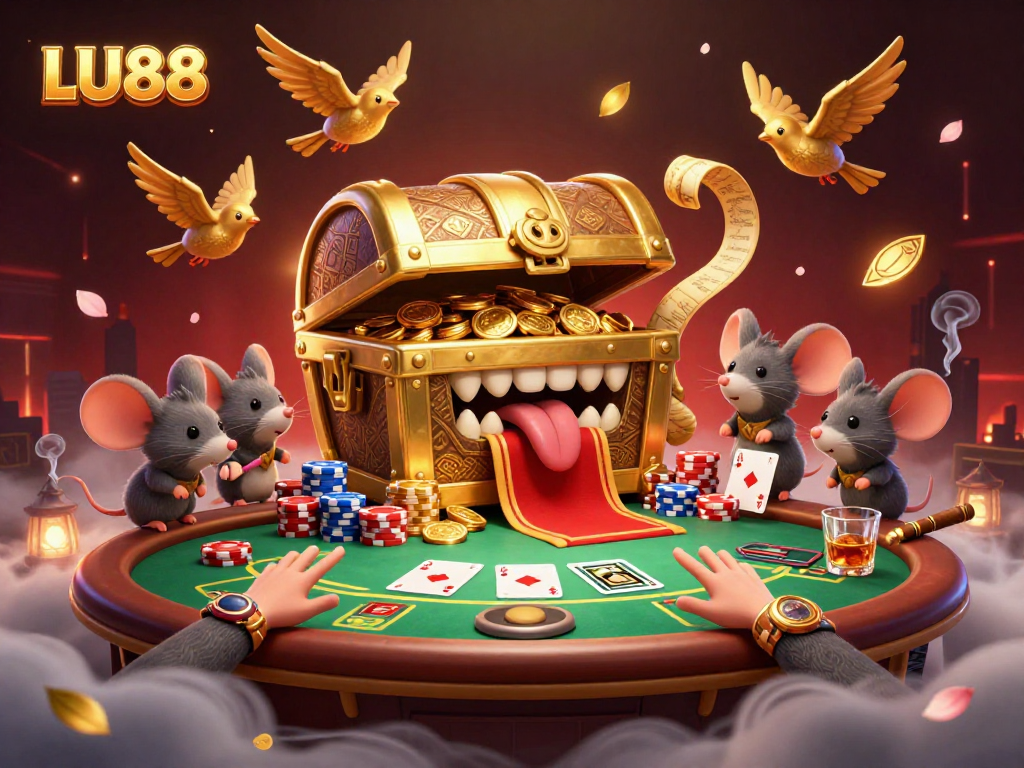 Capture the thrill of gambling at LU88 with vibrant visuals of poker chips, treasure chests, and mice in a dynamic, engaging casino scene.