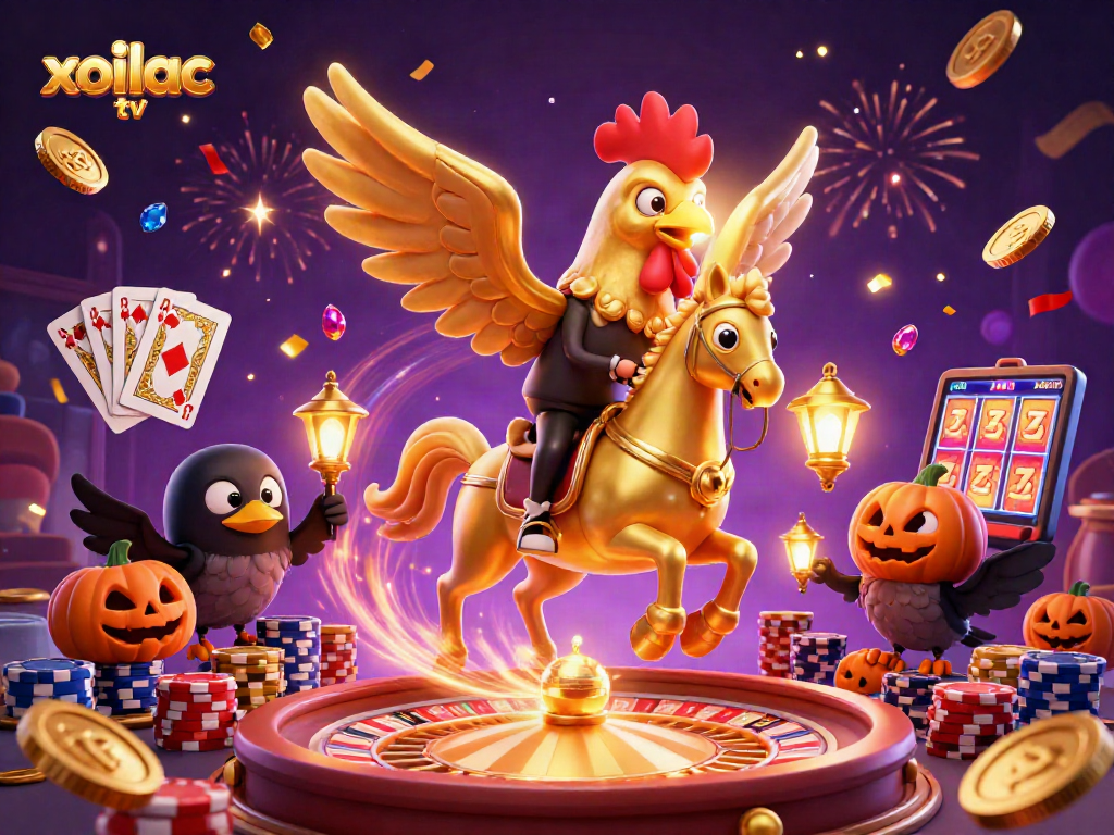Experience the thrill of xoilac tv with a golden rooster and slot machine reels in a lively casino.