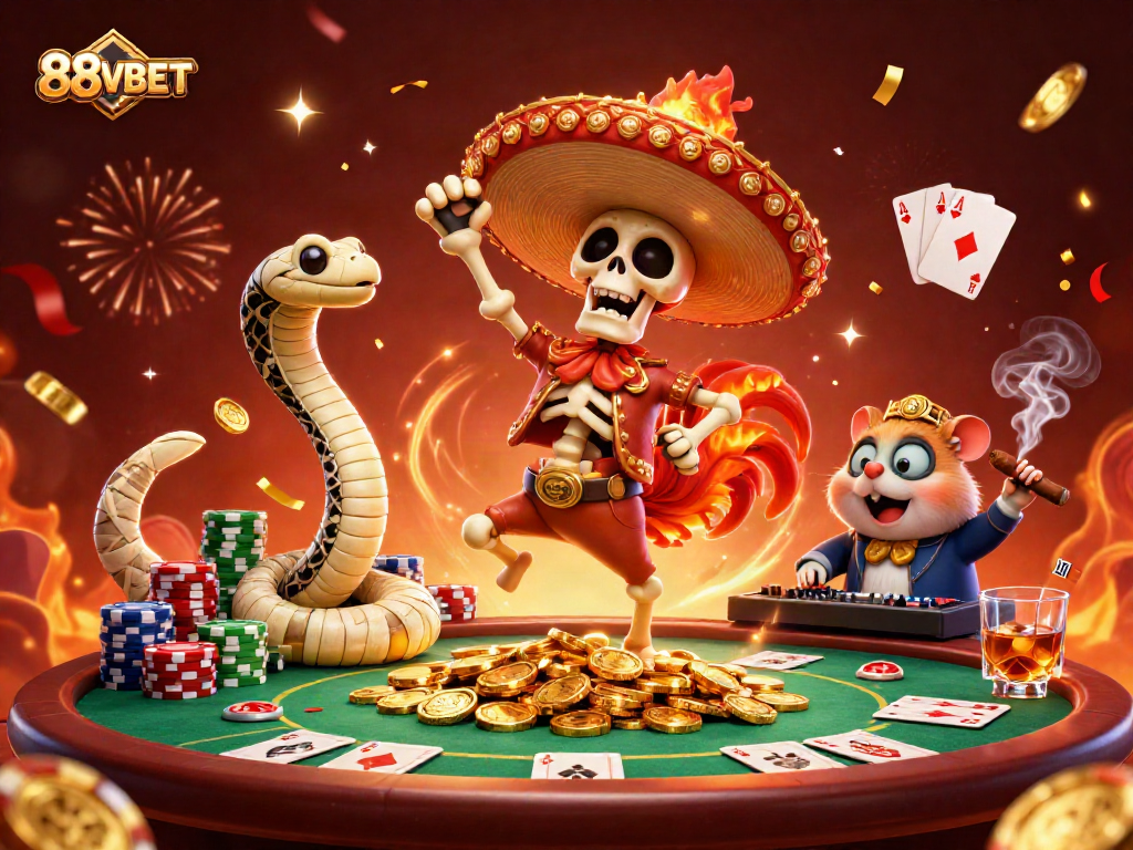 Experience the excitement of 88VBET with a vibrant casino scene featuring animated characters and poker elements