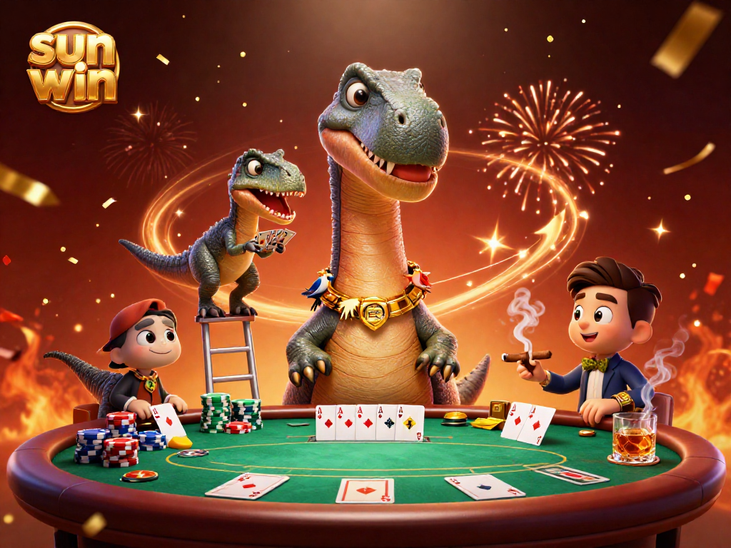 Experience the excitement of sun win as the brontosaurus towers over a thrilling poker game, with chips and cards in action.