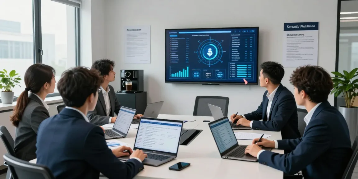 Team discussing cyber essentials insurance in a modern office, showcasing compliance metrics and teamwork.