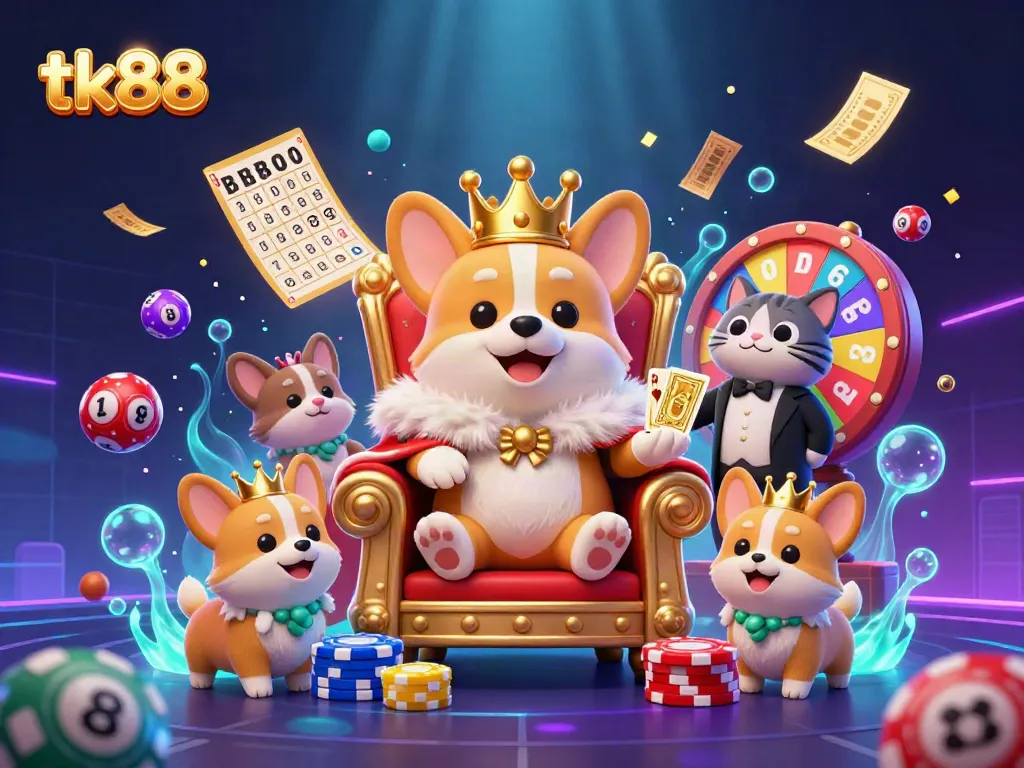 Experience thrilling gameplay with tk88 in a lively 3D casino scene featuring corgis and vibrant lottery elements.
