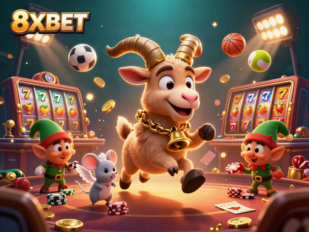 Engage in thrilling gameplay at 8XBET with a festive casino scene featuring lively characters.