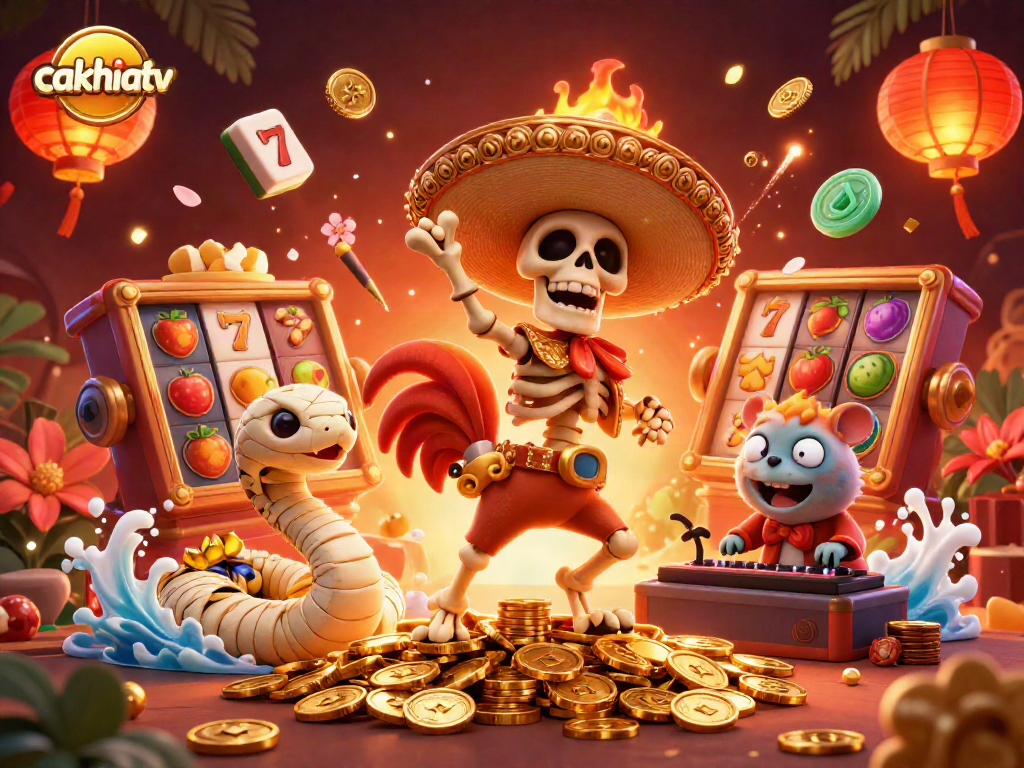 Experience exciting slots action with cakhiatv featuring a lively victory dance by a unique skeleton character.
