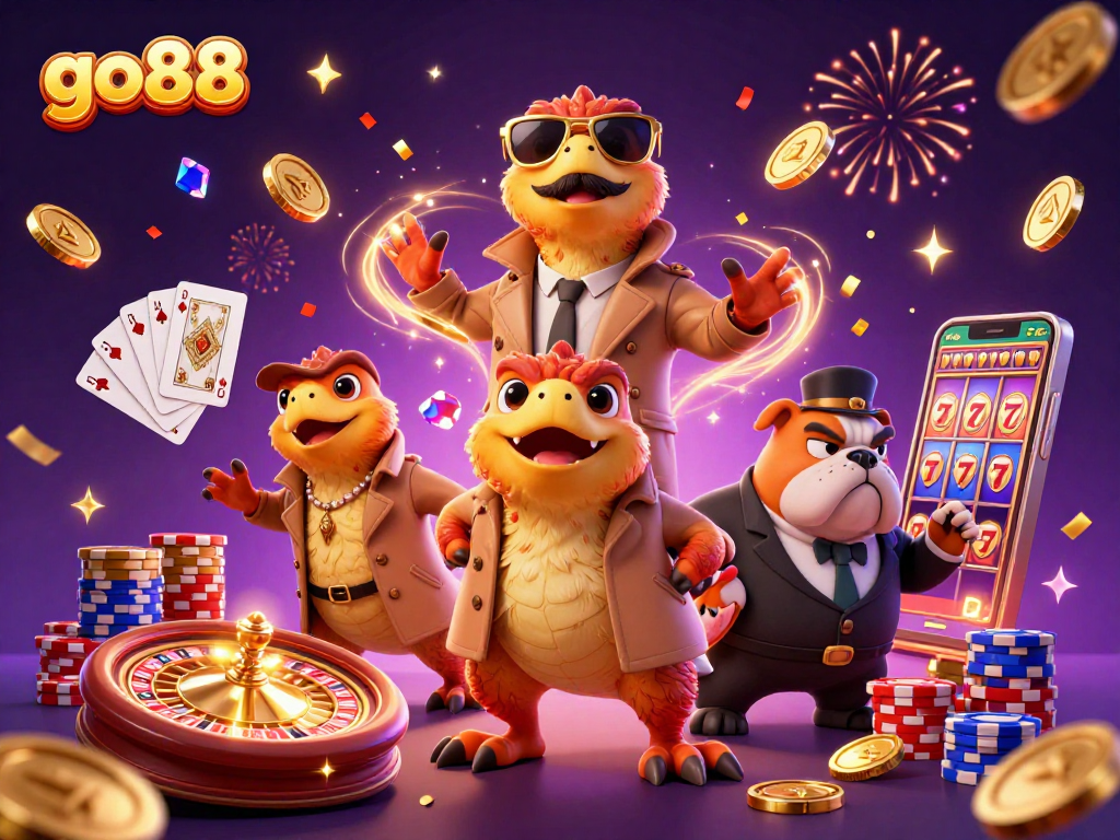 Experience thrilling fun at go88 with three raptors in disguise and vibrant casino elements.