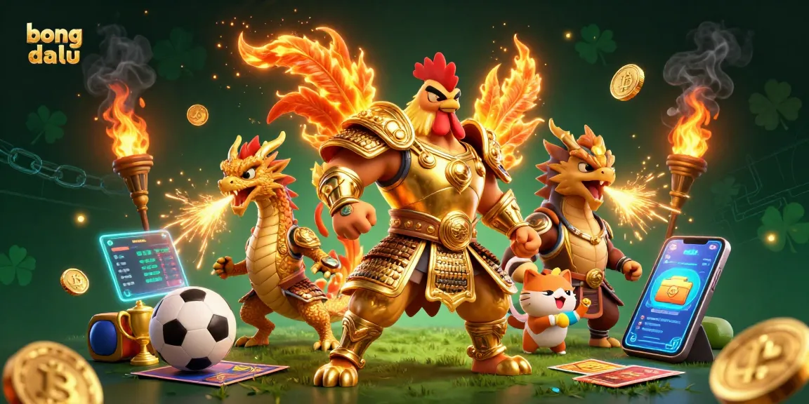 Bong da lu sports betting action scene with a rooster warrior and dragon hatchling amidst vibrant casino elements.