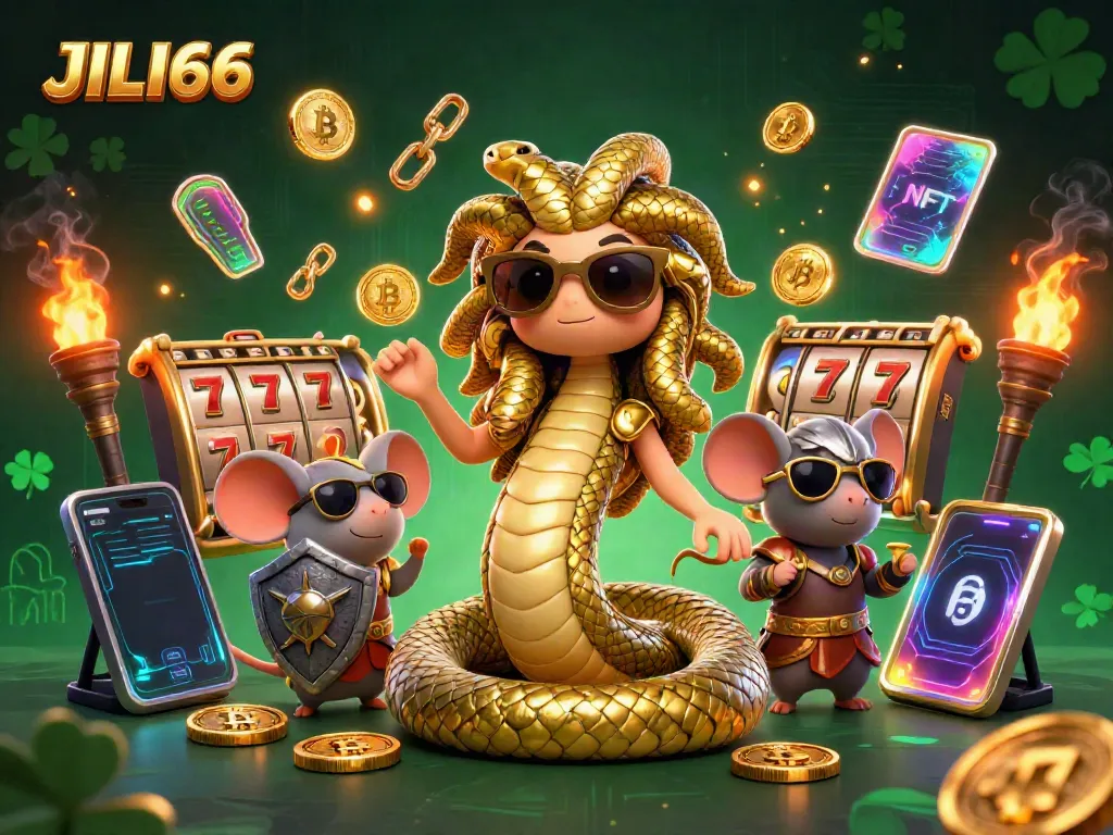Experience the excitement at JILI66 with friendly Medusa and a warrior mouse in a lively casino scene.