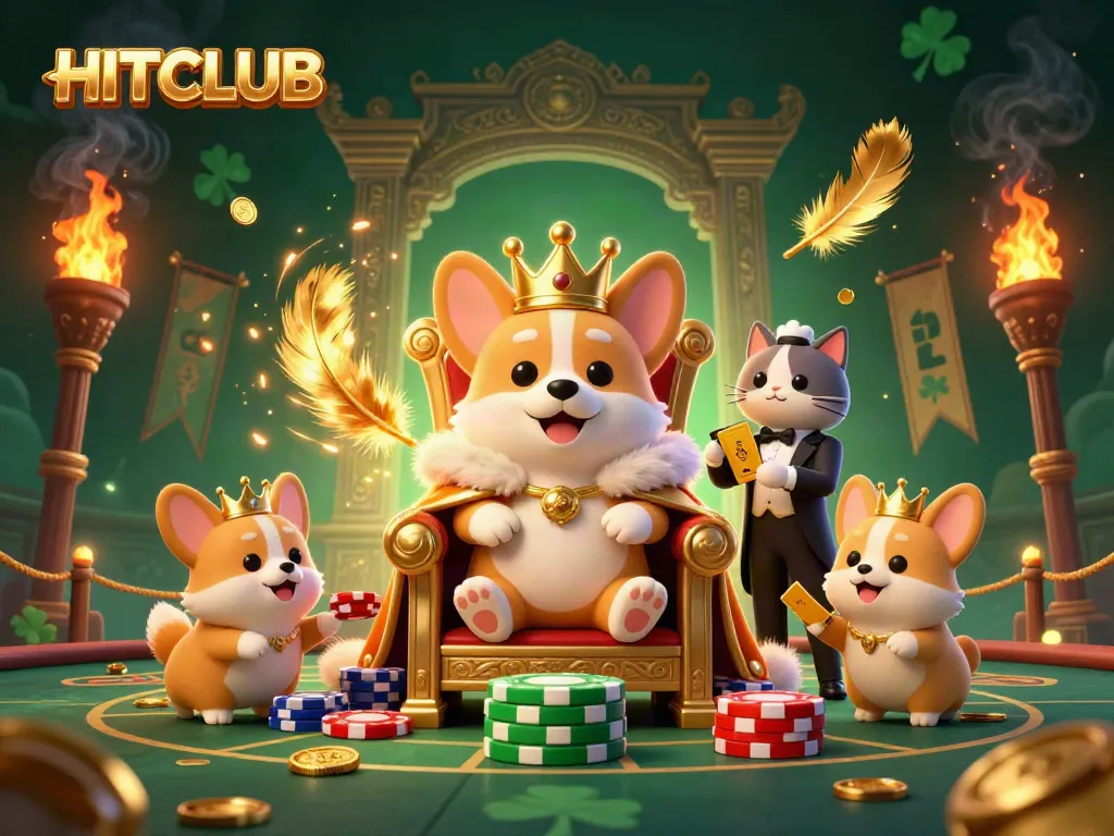 Explore HITCLUB gaming excitement as the royal corgi reigns over a vibrant casino scene.