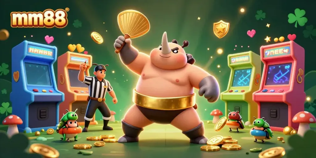 Engage with mm88 casino action featuring golden coins, beetle champions, and vibrant game machines.