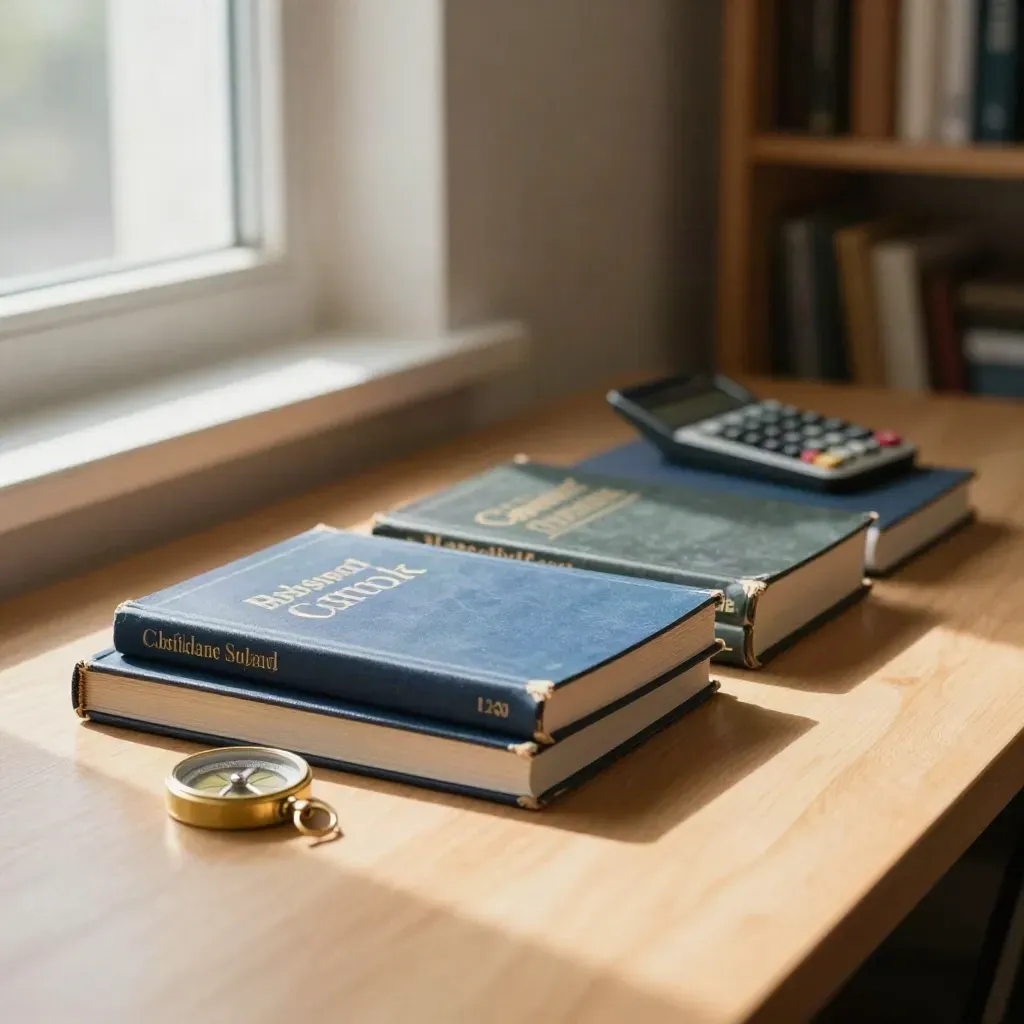 Course guides, brass compass and calculator on pale oak in warm window light