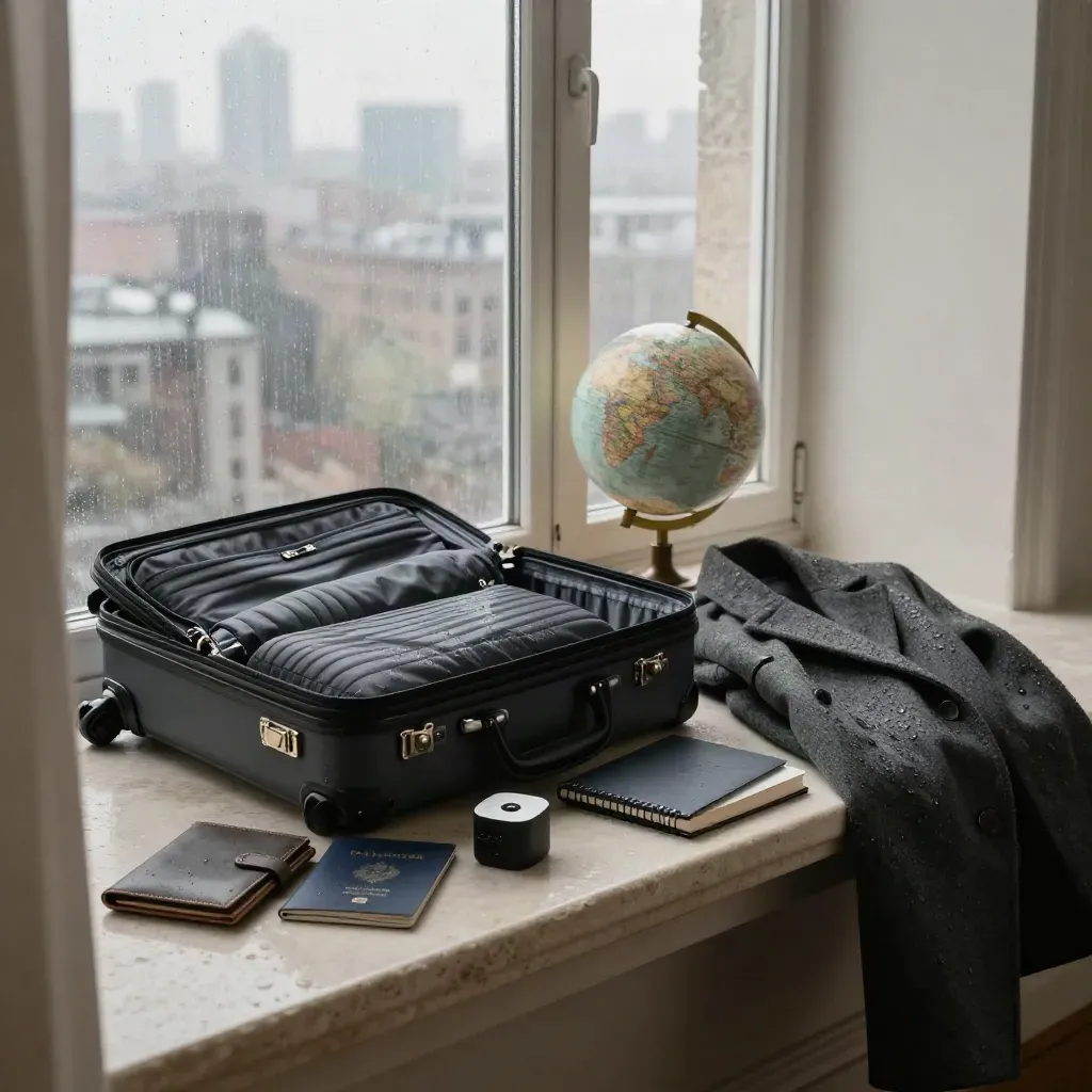 Rainy dawn study-abroad travel kit by a window, with carry-on, passport cover and hazy skyline.