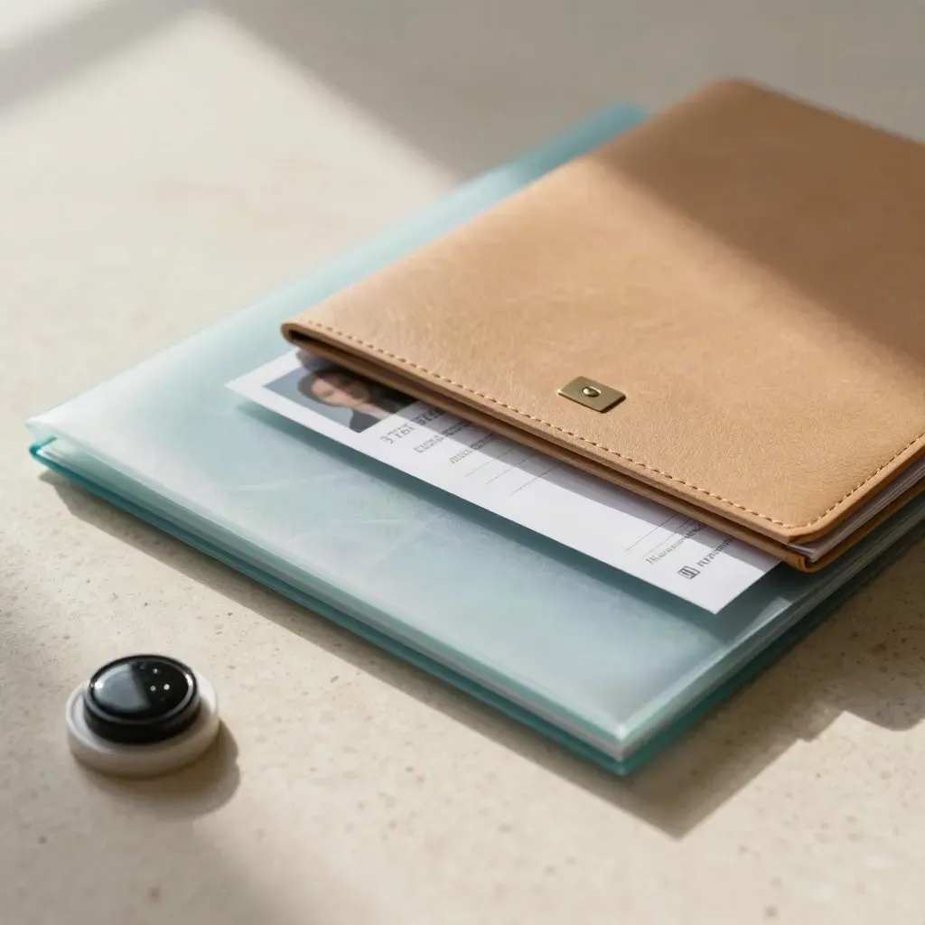 Visa file materials mid-seal on travertine stone with passport cover and envelope