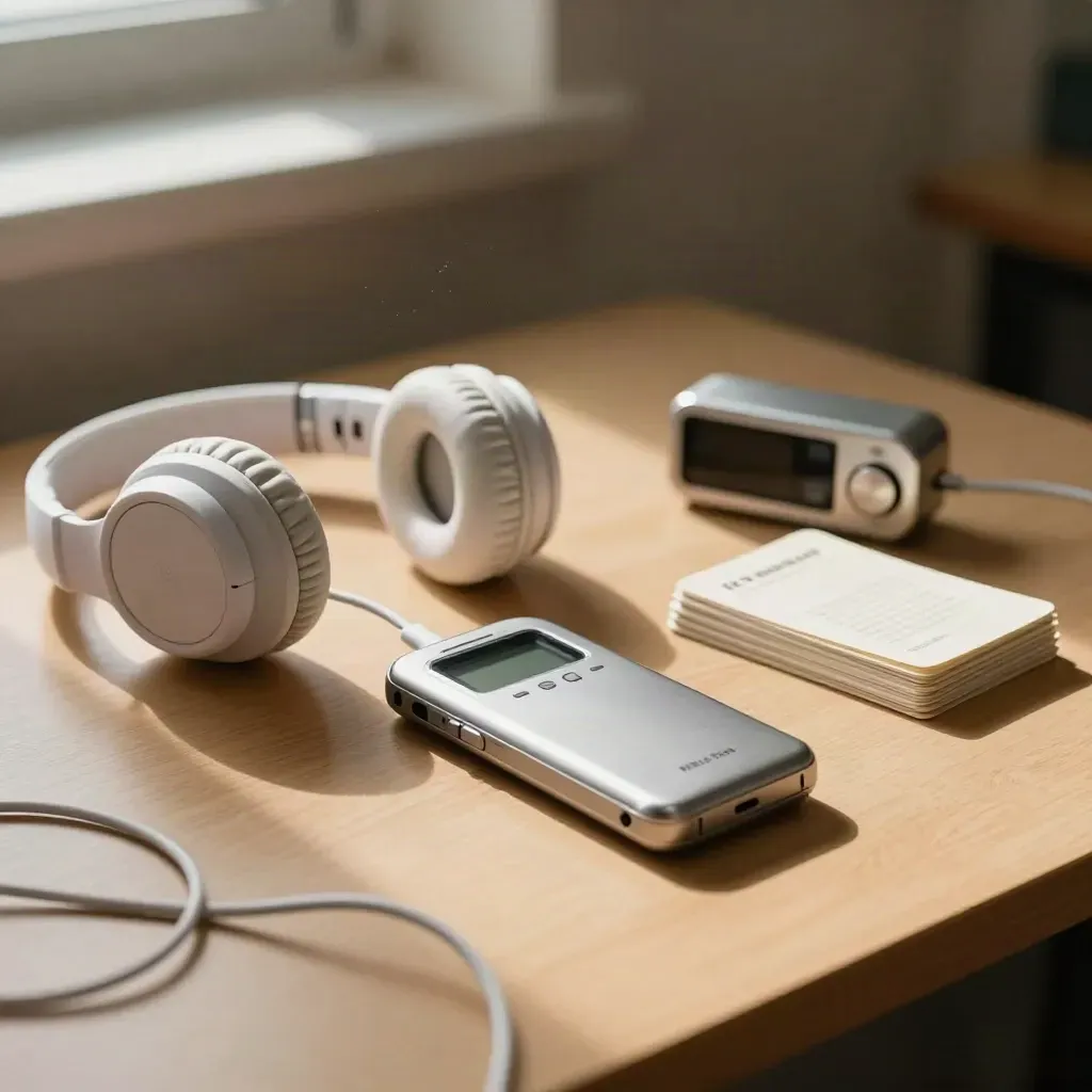IELTS prep kit with headphones, recorder, timer and flashcards on a warm study table.