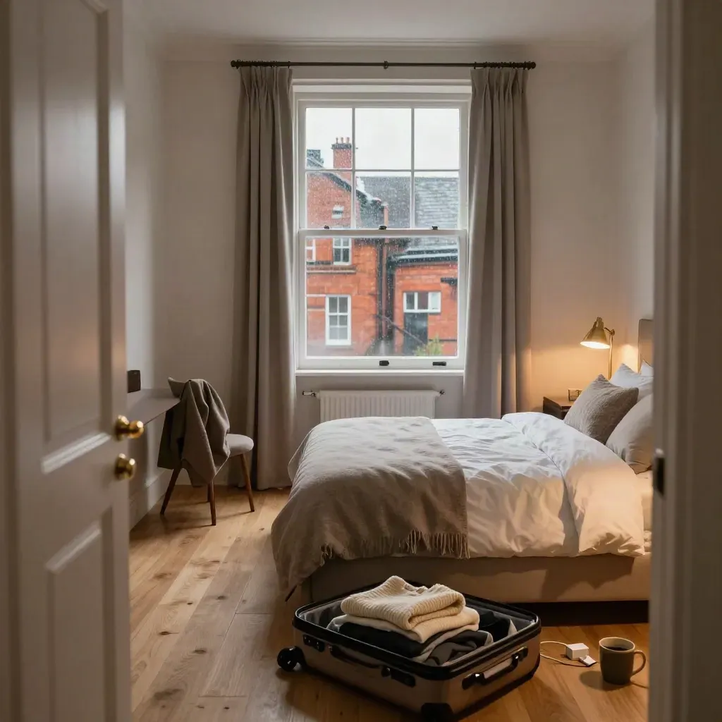 Rain-bright Manchester student room with open suitcase, made bed, lamp, and rooftops outside.