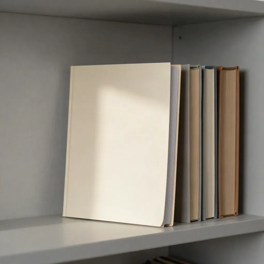 Closed course notebook and folder on a pale shelf, with two books softened behind.