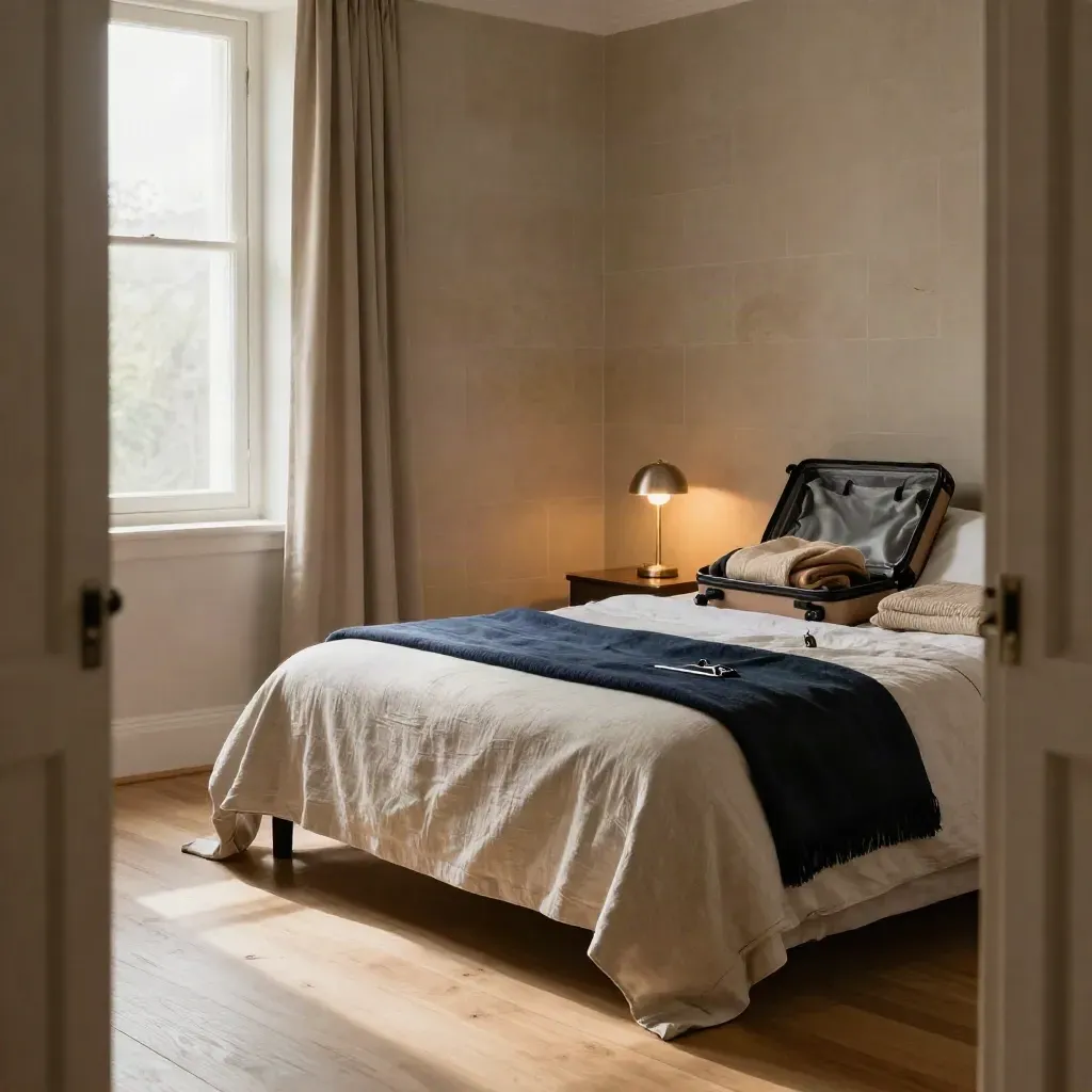Finished student room with open suitcase, made bed, lamp glow and a key fob by a bright window