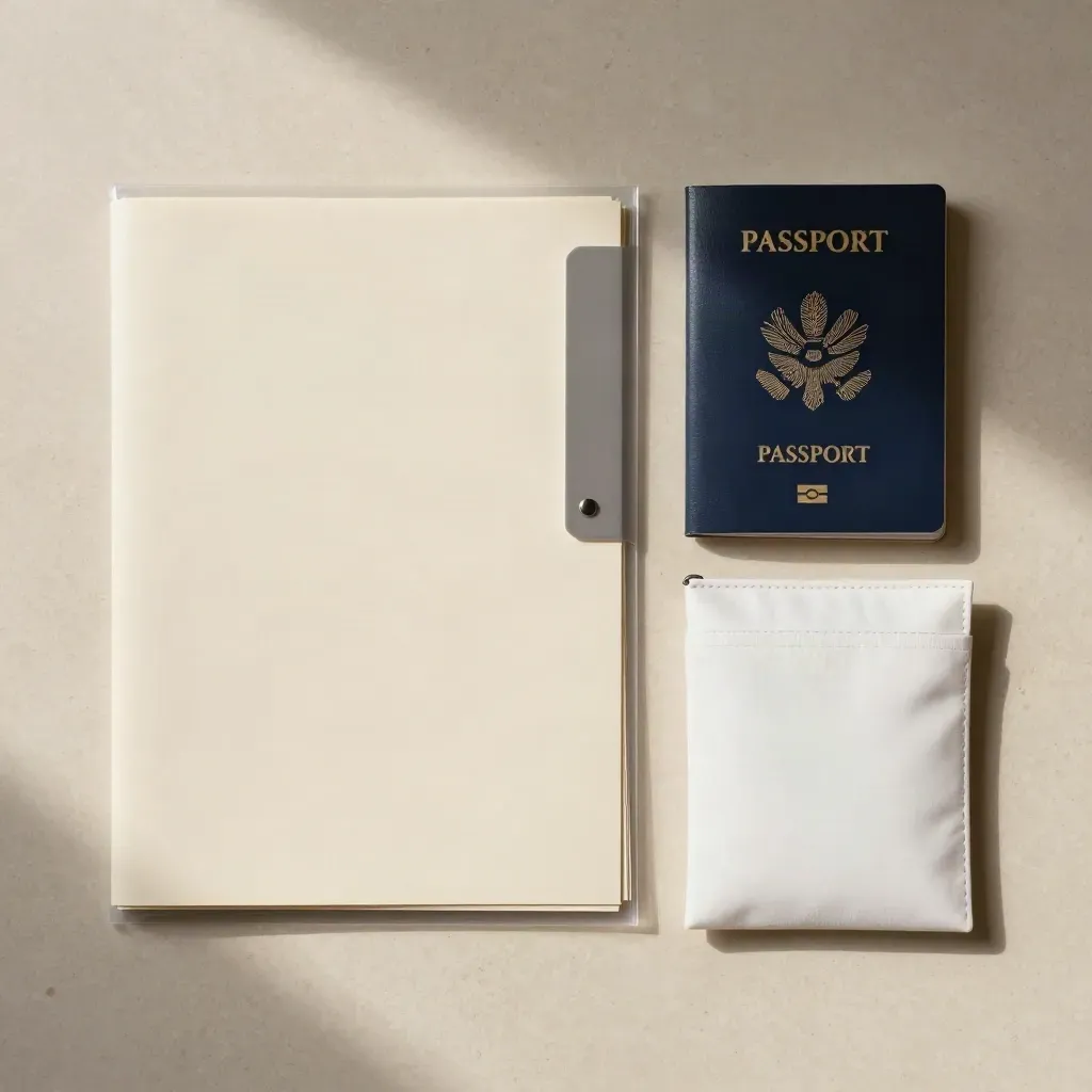 Visa file, passport cover and stamp arranged on stone, ready to file after approval.